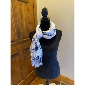White Scarf with Blue & Navy Design w/ Fringed Ends